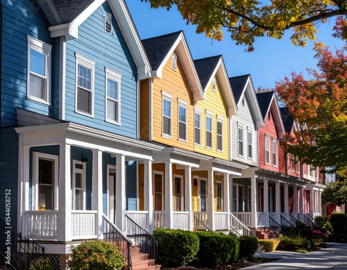 Colorful row houses with fall foliage on sunny day