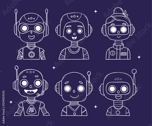 Outline Chatbot Face, Robot, girl, Assistant AI character set. Vector hand drawing doodles. Isolated White virtual Avatar on blue background for tech support, chatbot, futuristic design. Not AI