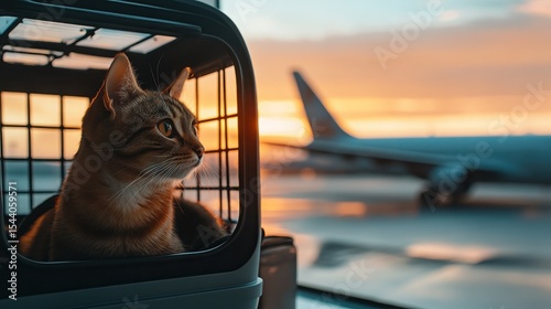Cat in a pet carrier, at the airport. Airport lounge zone on background, planes in a window on a background.