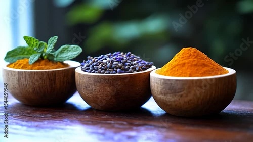 Wooden Bowls Filled with Aromatic Spices and Fresh Herbs