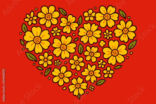 Cheerful vector cartoon illustration of vibrant yellow flowers and green leaves forming a lovely heart shape on a bright red background, symbolizing love, spring, and happiness.