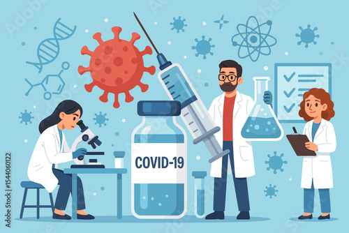 Scientists researching COVID-19 vaccine breakthrough in a modern laboratory setting. Medical team develops pandemic solution, pharmaceutical innovation, healthcare discovery, virus protection concept.