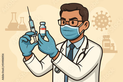 Medical Doctor Prepares COVID-19 Vaccine Injection. Healthcare Professional with Syringe and Vial. Scientific Research, Pandemic Prevention, Global Immunization. Cartoon Vector Illustration.