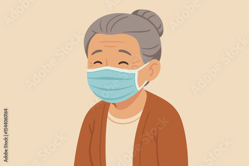 Elderly senior aged woman portrait wearing medical face mask as a precautionary measure against COVID-19 coronavirus pandemic. Global health safety and protection concept vector cartoon illustration.