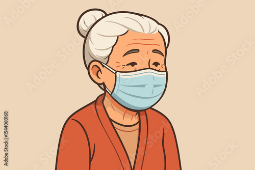 Aged elderly woman wearing medical surgical face mask. Senior citizen protecting from COVID-19 coronavirus pandemic and virus disease. Healthcare precaution and safety cartoon vector illustration.