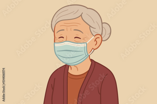 Senior elderly woman cartoon wearing medical face mask for coronavirus COVID-19 pandemic protection. Old female character portrait in a safety hygiene measure precaution vector illustration.