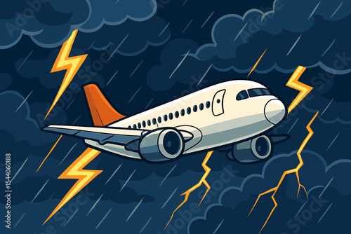 Cartoon airplane flying through a perilous dark stormy sky. Dynamic vector illustration depicting intense thunder, powerful lightning bolts, and heavy rain during a turbulent flight.