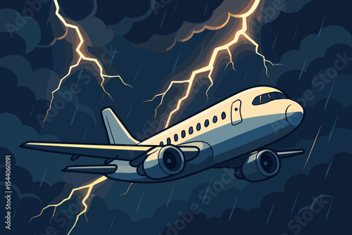 Cartoon Airplane Flying Through Dangerous Thunderstorm Sky with Bright Lightning Strikes and Heavy Rain, Aviation Weather Hazard Vector Illustration, Travel Safety Turbulence Concept