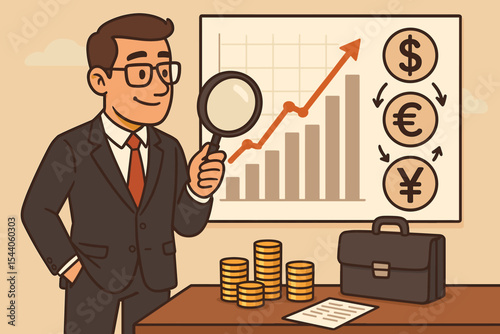 Cartoon Businessman Analyzing Financial Growth Graph and Global Currency Exchange Rates. Professional Man Examining Investment Data, Economic Trends, and Money Market Performance. Vector Illustration.