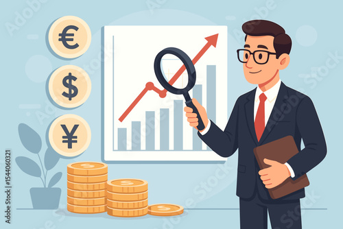 Professional businessman analyzing financial market growth, investment strategy, and global currency exchange rates on a rising bar chart. Cartoon vector illustration examining profit data.