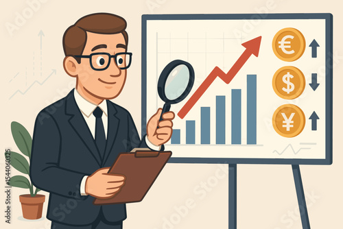 Professional Banker Analyzing Financial Growth Graph, Examining Global Currency Exchange Rates, Market Trends, and Economic Data for Investment Strategy & Business Success. Vector Character