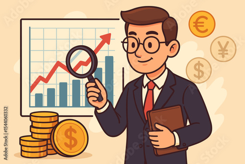 Financial professional analyzing business growth graph, stock market trend, global currency exchange rates, economic forecast. Cartoon illustration of profit, investment, and success strategy.