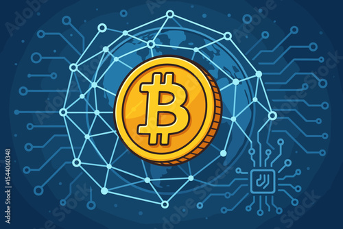 Bitcoin cryptocurrency global digital finance. Blockchain network connection with circuit board technology and earth globe. Secure decentralized virtual money icon. Economy.