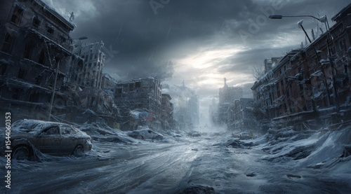 Post-Apocalyptic Winter Cityscape Ruined Buildings and Abandoned Car Under a Gloomy Sky