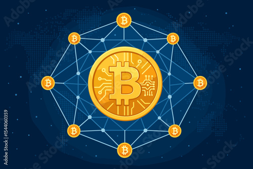 Global Bitcoin Cryptocurrency Blockchain Network Connection. Decentralized Digital Money with Microchip Circuit on Virtual Screen. Technology, Digital Finance, Investment Vector Illustration