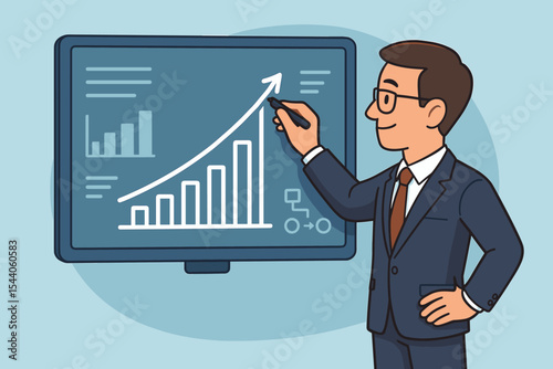 Businessman drawing growth graph on a digital board. Manager presenting a successful strategy. Concept of financial analysis, profit increase, and corporate planning. Vector cartoon illustration.