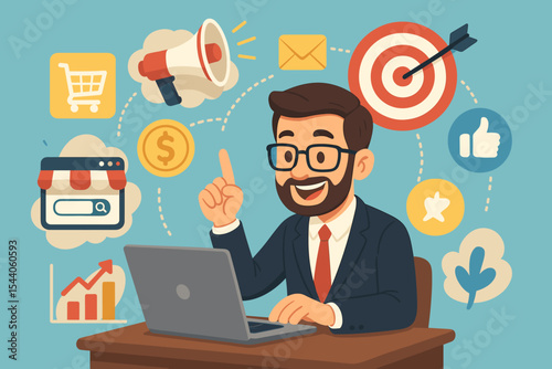 Businessman engaging in digital marketing strategy, online shopping, and advertising with laptop. Vector illustration of successful e-commerce, social media, and business promotion for growth.