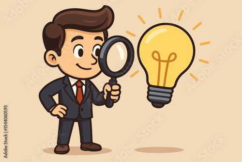 Businessman examines light bulb with magnifying glass. Concept for creative idea, innovation, research, business discovery, solution and analysis. Cartoon character vector illustration.