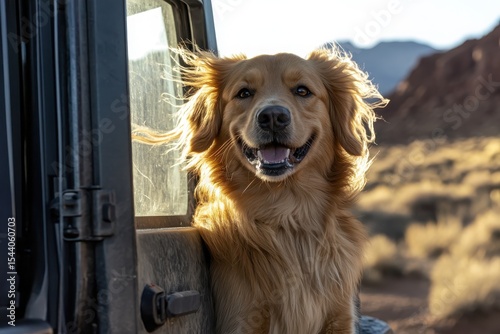 Close-up of a happy big dog with windswept hair looking out from the open door of a rugged off-road vehicle.