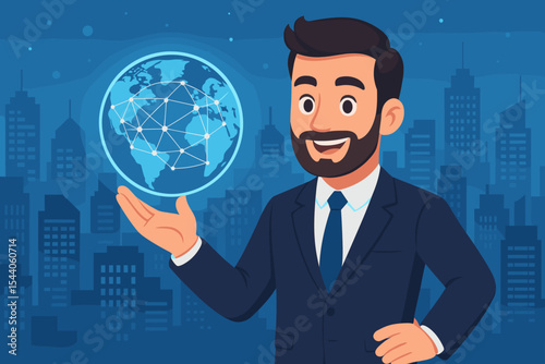 Smiling businessman holding a glowing globe with a global network connection. Concept of business technology, internet, and communication. Corporate man in city. Vector illustration.