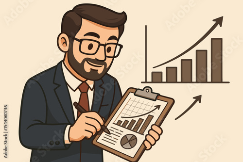 Focused businessman meticulously writing financial data, sales reports, and business analytics on a clipboard, showcasing a powerful growing profit graph for strategic planning and success.