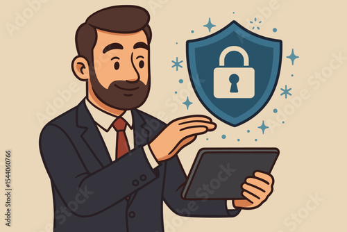 Businessman Protecting Data with Tablet Holding Shield and Lock Icon, Cyber Security Concept, GDPR Compliance, Data Privacy Protection, Network Security Illustration