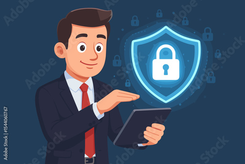 Businessman Protecting Data with Digital Tablet, Symbolizing Cyber Security, GDPR Compliance, and Information Privacy. Vector Cartoon Illustration for Online Protection and Network Safety.