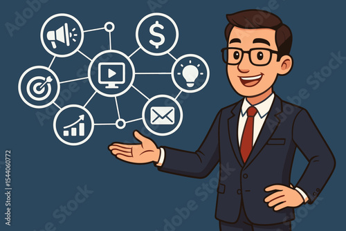 Digital marketing strategy concept. Businessman character presenting a business plan. Manager explaining network infographic with icons for SEO, content, advertising, email, and analytics.