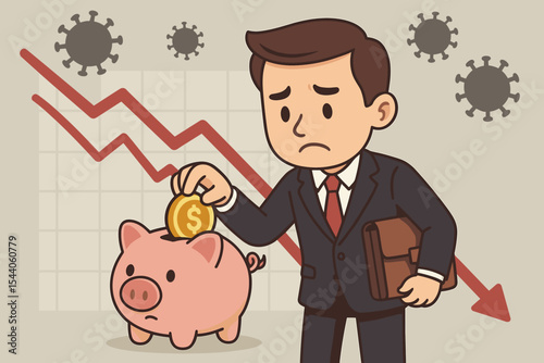 Sad businessman putting coin into piggy bank with declining business recession graph and global COVID-19 virus icons, economic crisis concept, financial downturn, vector cartoon illustration