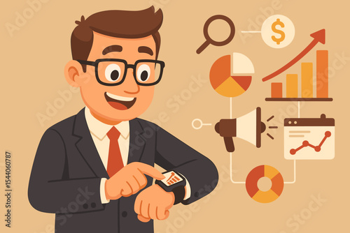 Smiling businessman researching digital marketing sales data, performance analytics, and growth trends on his smartwatch for business strategy, success, promotion, and online communication. Vector.