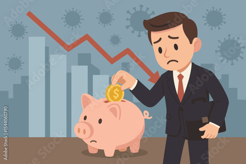 Worried businessman saving money, putting coin into piggy bank during economic crisis, global recession, financial downturn, COVID-19 pandemic outbreak. Business graph, virus symbols illustration.