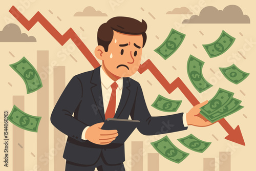 Stressed Businessman Losing Money, Financial Recession, Economic Downturn, Stock Market Crash, Investment Risk, Business Crisis, Falling Banknotes, Bankruptcy, Profit Loss, Global Economy Vector Art.