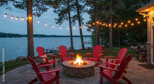 Fototapeta Naklejka Na Ścianę i Meble -  Red adirondack chairs around a fire pit by a lake with string lights at dusk creating a cozy scene