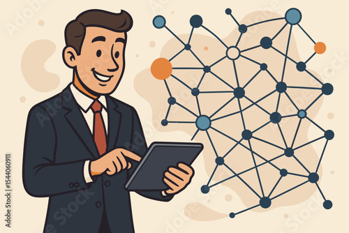 Businessman managing global network connections on a digital tablet. Concept for business technology, data communication, corporate innovation, and system management. Cartoon vector.