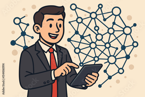 Businessman managing global network connections with a digital tablet. Concept of modern business communication, innovation, big data, and technology strategy. Cartoon vector illustration.