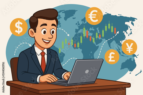 Smiling Businessman Global Currency Analysis, Online Forex Trading, Financial Exchange on Laptop. World Map, Candlestick Chart, Dollar, Euro, Yen, Pound Symbols. Investment Success.
