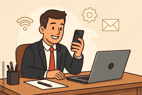 Businessman cartoon character at office desk using smartphone and laptop. Concept of technology in business, workflow, communication, connectivity, and professional productivity.
