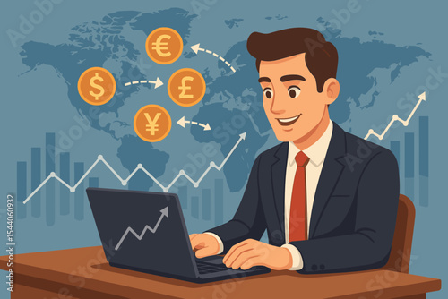 Professional businessman using laptop for global foreign exchange analysis, online stock market investment, digital trading & economic growth success. Financial business vector cartoon.