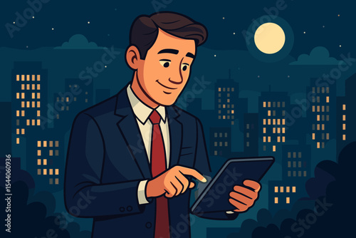Businessman using tablet at night in city skyline. Professional man working late hours with digital technology. Cartoon vector illustration of executive browsing global network under moon.