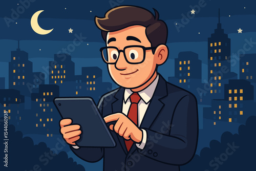 Businessman working late on a tablet at night. Cartoon vector illustration of a professional manager using a digital device with a city skyline background. Modern business concept.