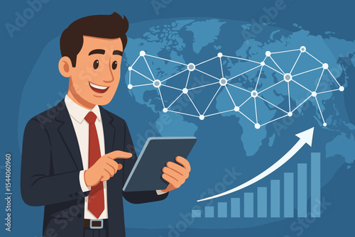 Successful businessman using digital tablet to monitor global network connections, economic growth, and financial data. Corporate professional analyzing world market trends for business success.