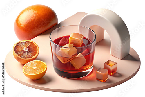 Negroni cocktail with large ice cubes and orange peel garnish in faceted rocks glass. Watercolor illustration of gin, Campari and sweet vermouth drink. Design for poster, print, invitation