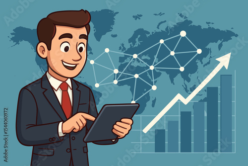 Businessman happily using digital tablet, monitoring global financial network, economic growth, market analytics. Cartoon character tracking business data, success strategy, world map background.