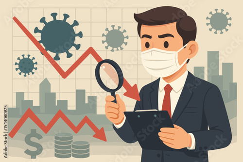 Businessman in mask analyzes coronavirus impact on global economy, stock market financial crisis, recession, economic downturn. Pandemic business analysis vector cartoon illustration.