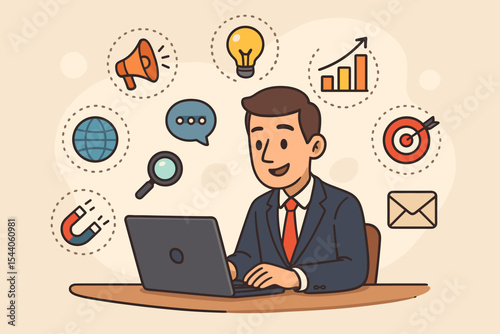 Digital marketing concept. Businessman working on laptop with strategy icons for SEO, email, promotion, analytics and lead generation. Cartoon vector for business growth.