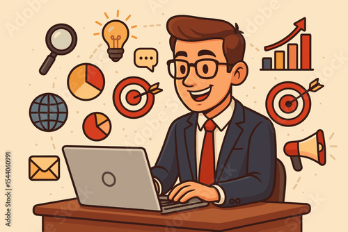 Businessman working on laptop developing digital marketing strategy. Business concept of SEO, data analysis, online promotion, and content management. Cartoon vector illustration.