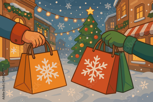 Christmas shopping concept. Hands holding gift bags on a snowy festive street with a Christmas tree. Holiday sale and winter celebration vector cartoon illustration for seasonal design.