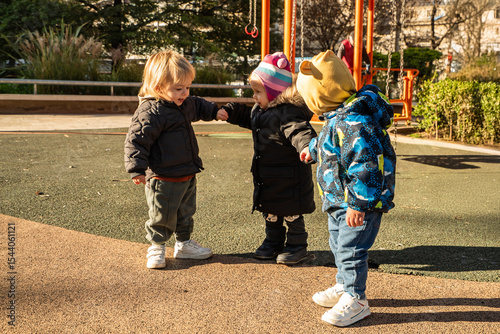 Three children are playing on a playground