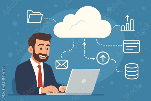 Cloud computing concept. Businessman using a laptop with a cloud network connection for data exchange and storage. Vector illustration of online database, server, hosting, and sync.