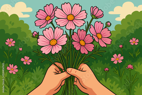 Hands gently holding vibrant pink cosmos flower bouquet against a lush green garden backdrop under a blue sky, symbolizing love, care, beauty, spring, summer, nature, vector cartoon illustration.